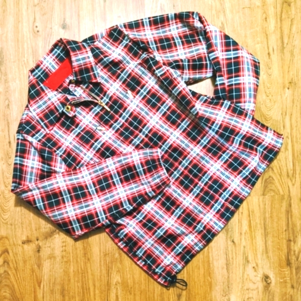 Catalina Plaid Windbreaker zipper Rain Jacket Roomy Small / Med Red White Blue